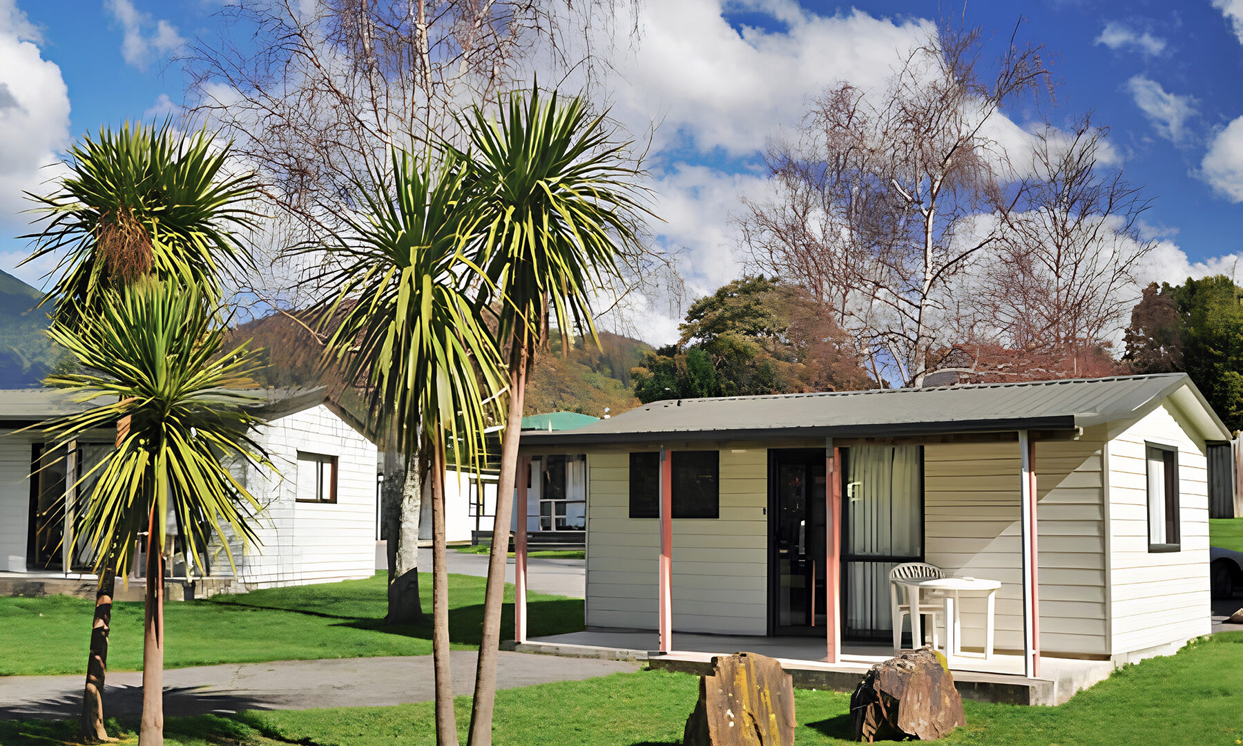 Chalets and cabbage trees at the Picton TOP 10 Holiday Park.