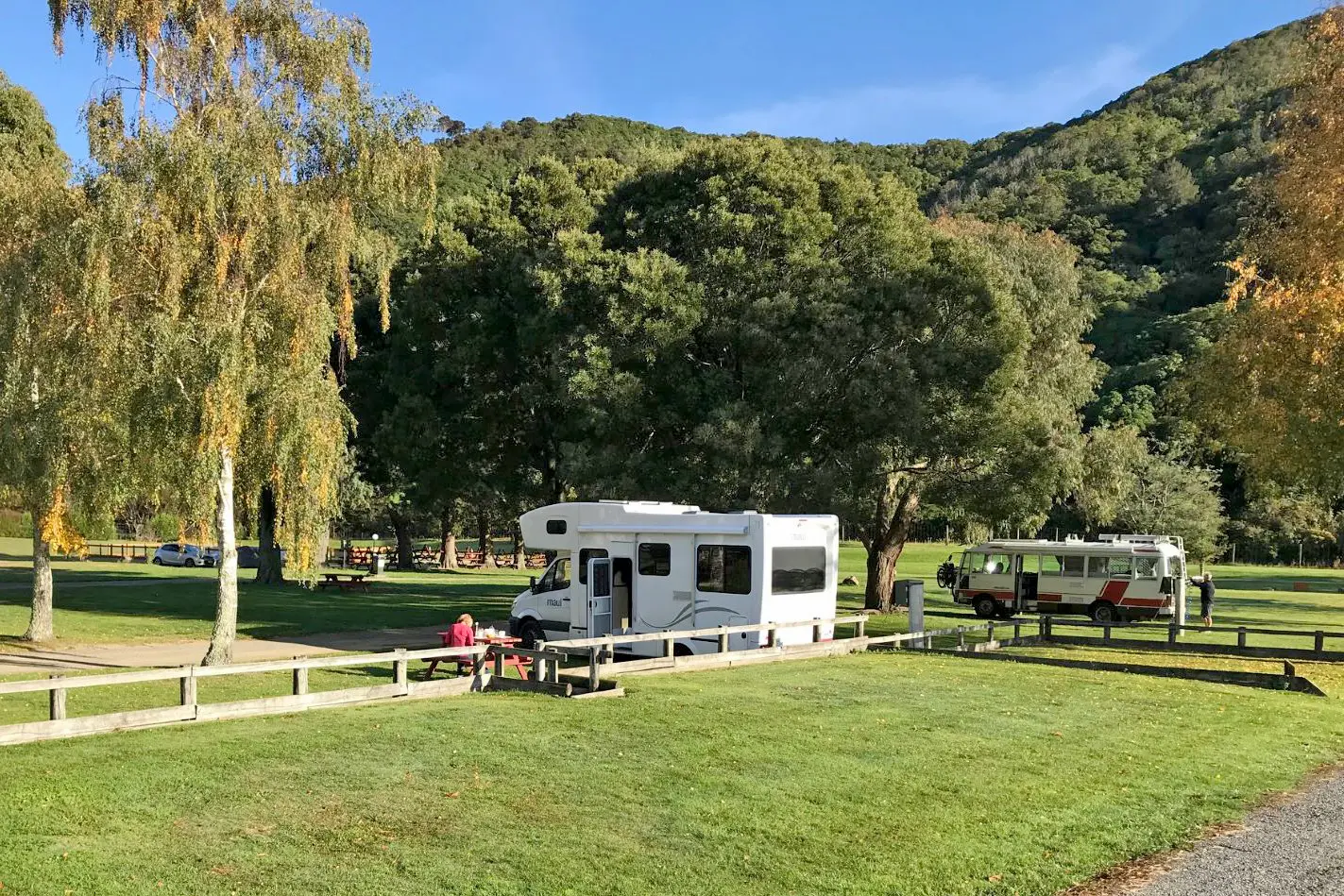 Camping area for campervans and tents at Picton TOP 10 Holiday Park in New Zealand.